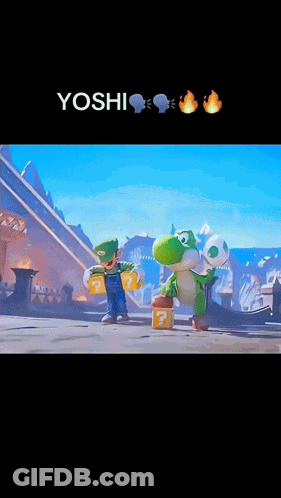 A Video Game Character Named Yoshi Is Holding A Question Mark Block GIF