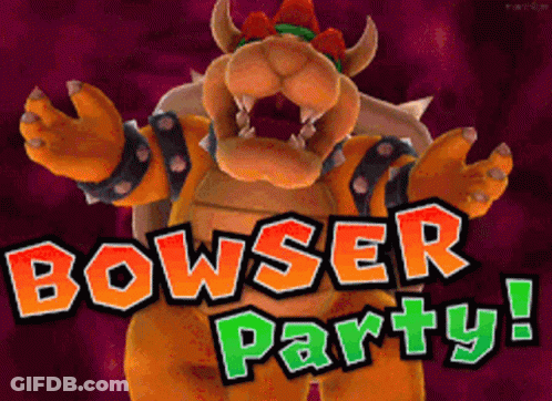A Video Game Character Says " Bowser Party " With A Purple Background GIF