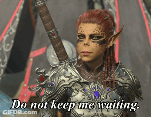 Video Game Character Holds Sword Says Do Not Keep Me Waiting GIF