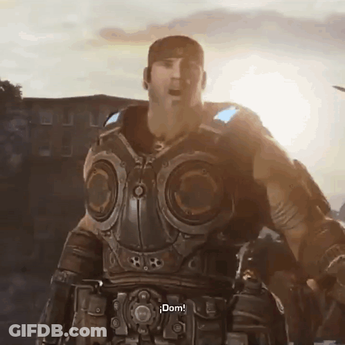A Video Game Character Says " Dom " At The Bottom Of The Screen GIF
