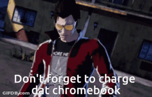 A Video Game Character Says " Don 'T Forget To Charge Dat Chromebook " In Front Of A Building GIF