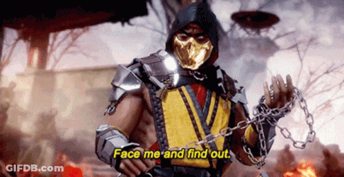 A Video Game Character Says Face Me And Find Out While Holding A Chain . GIF