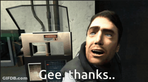 A Video Game Character Says Gee Thanks In Front Of A Danger Machine GIF