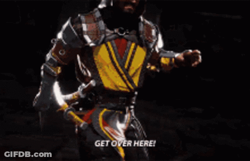 A Video Game Character Says " Get Over Here " While Holding A Sword GIF