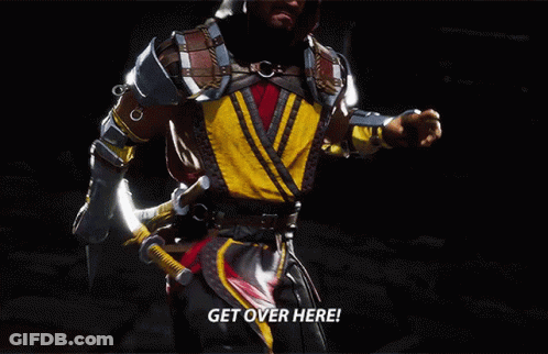 A Video Game Character Says " Get Over Here " While Holding A Sword GIF