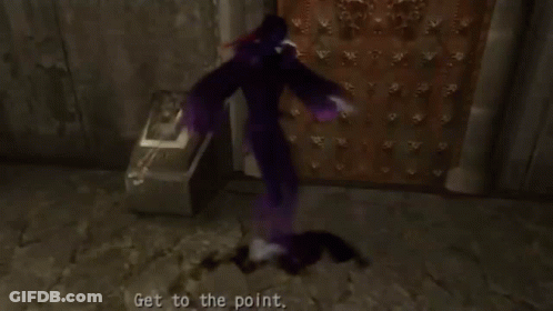 A Video Game Character Says Get To The Point In Purple GIF