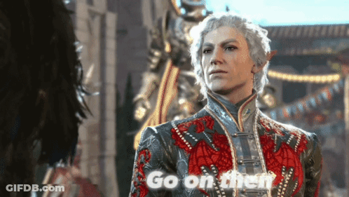 A Video Game Character Says " Go On Them " In Front Of A Statue GIF
