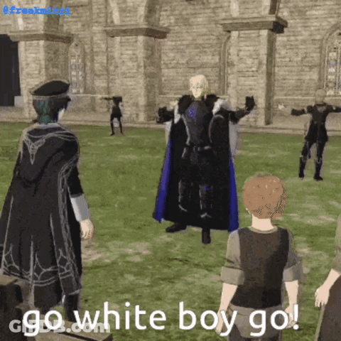 A Video Game Character Says Go White Boy Go While Standing In A Field GIF