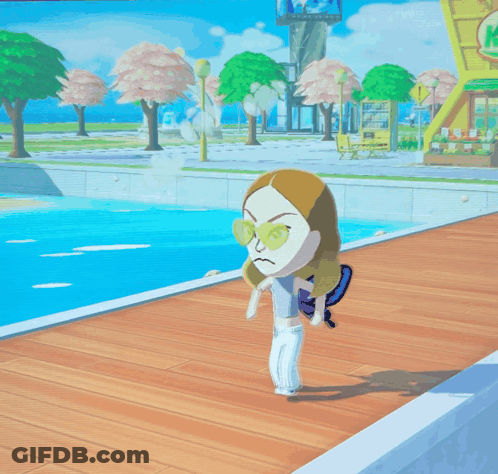 A Video Game Character Says Gosh Darn It While Standing Next To A Pool GIF