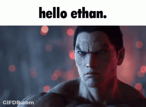 A Video Game Character Says Hello Ethan In Front Of A Blurry Background GIF