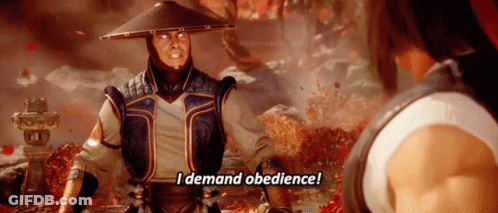 A Video Game Character Says " I Demand Obedience " In Front Of Another Character GIF