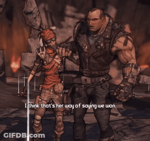 A Video Game Character Says " I Think That 'S Her Way Of Saying We Won " To Another Character GIF
