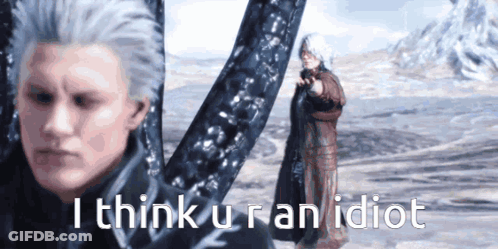 A Video Game Character Says I Think U Ran Idiot While Standing Next To Another Character GIF