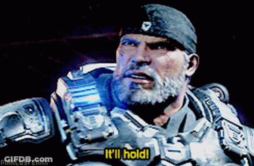 A Video Game Character Says " It 'Ll Hold " In A Dark Room GIF