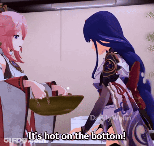 A Video Game Character Says " It 'S Hot On The Bottom " While Standing Next To Another Character GIF