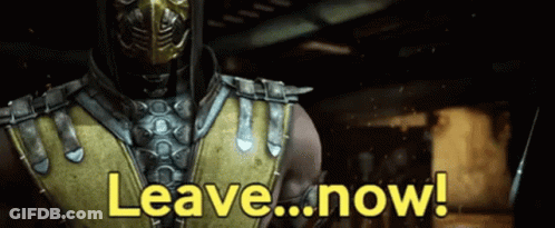A Video Game Character Says Leave Now In A Dark Room GIF