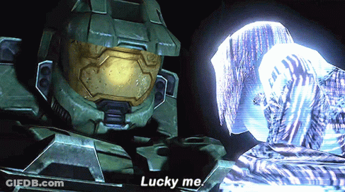 A Video Game Character Says " Lucky Me " In A Dark Room GIF