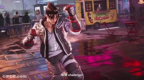 A Video Game Character Says " New Challenger " In Front Of A Hot Dog Truck . GIF