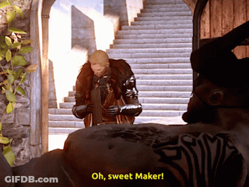 A Video Game Character Says Oh Sweet Maker In Front Of Stairs GIF