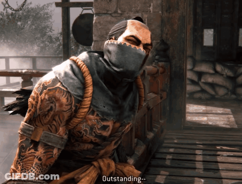 A Video Game Character Says Outstanding While Wearing A Black Mask GIF