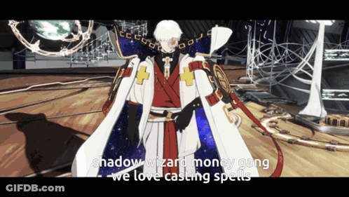 A Video Game Character Says " Shadow Wizard Money Gang We Love Casting Spells " At The Bottom GIF