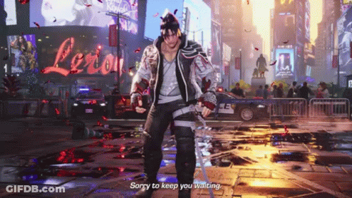 A Video Game Character Says Sorry To Keep You Waiting While Holding A Sword GIF