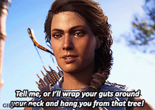 A Video Game Character Says Tell Me Or I 'Ll Wrap Your Guts Around Your Neck And Hang You From That Tree . GIF