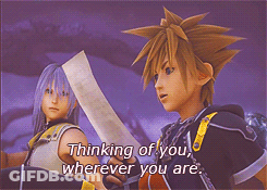 A Video Game Character Says " Thinking Of You Wherever You Are " While Holding A Piece Of Paper GIF