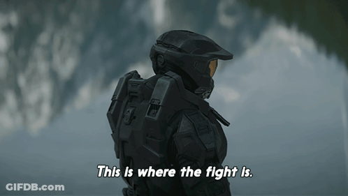 A Video Game Character Says " This Is Where The Fight Is " While Wearing A Black Helmet GIF