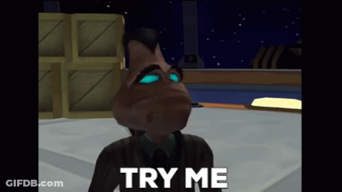 A Video Game Character Says " Try Me " While Looking At The Camera GIF