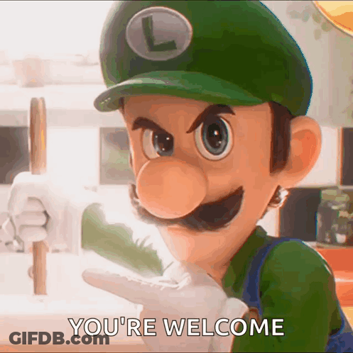 A Video Game Character Says " You 'Re Welcome " While Wearing A Green Hat GIF