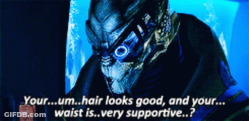 A Video Game Character Says Your Hair Looks Good And Your Waist Is Very Supportive .. GIF
