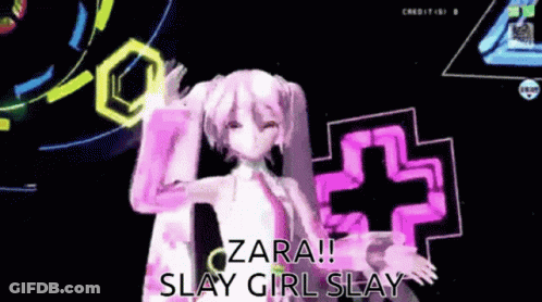 A Video Game Character Says " Zara Slay Girl Slay " At The Bottom GIF