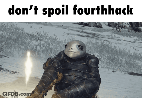 A Video Game Character Sitting In The Snow With The Words " Don 'T Spoil Fourthhack " On The Bottom GIF