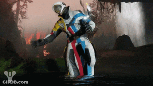 A Video Game Character Standing In The Water With A Waterfall In The Background GIF