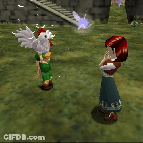 A Video Game Character Standing Next To A Chicken And A Fairy GIF
