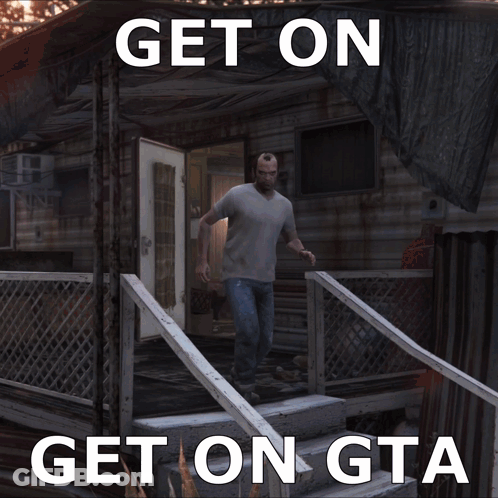 A Video Game Character Standing On Stairs With The Words Get On Get On Gta GIF