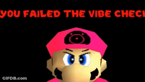 A Video Game Character Wearing A Pink Hat And A Mask With The Words `` You Failed The Vibe Check '' Above Him . GIF