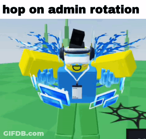 A Video Game Character Wearing A Virtual Reality Headset And Headphones With The Words Hop On Admin Rotation Below Him GIF