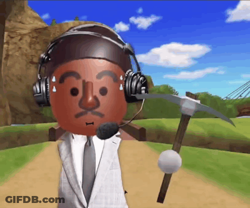A Video Game Character Wearing Headphones And A Pickaxe GIF