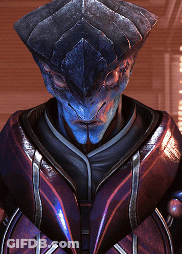 A Video Game Character With A Blue Face And A Purple Outfit GIF