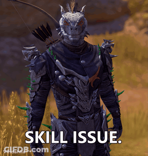 A Video Game Character With A Bow And Arrow And The Text Skill Issue GIF