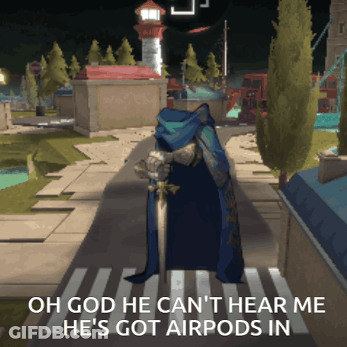 A Video Game Character With A Cape And Sword Says Oh God He Can 'T Hear Me GIF