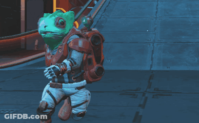 A Video Game Character With A Green Lizard Head And Arms GIF
