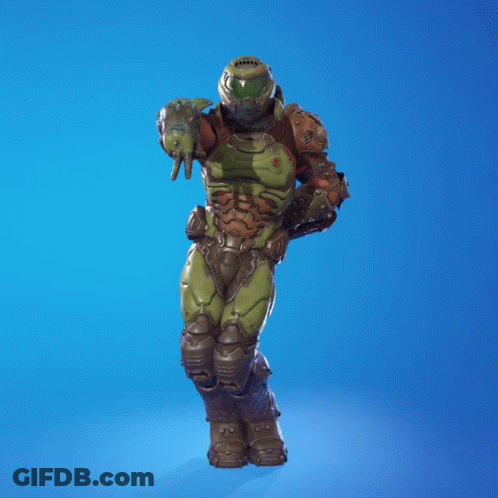 A Video Game Character With A Helmet And Armor Is Dancing On A Blue Background GIF