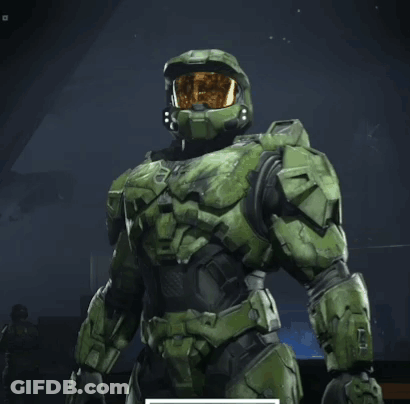 A Video Game Character With A Helmet That Says Chief GIF