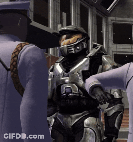 A Video Game Character With A Helmet That Says ' Sentinel ' On It GIF