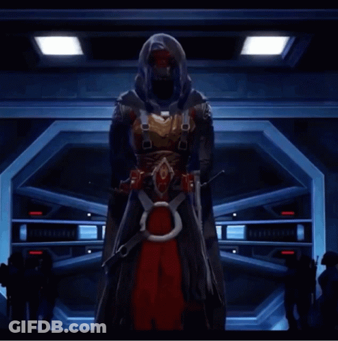A Video Game Character With A Hood Is Standing In A Dark Room Holding A Sword GIF