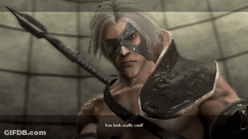 A Video Game Character With A Mask And A Spear Says You Look Really Cool GIF
