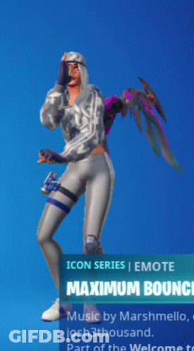 A Video Game Character With A Maximum Bounce Emote On A Blue Background GIF